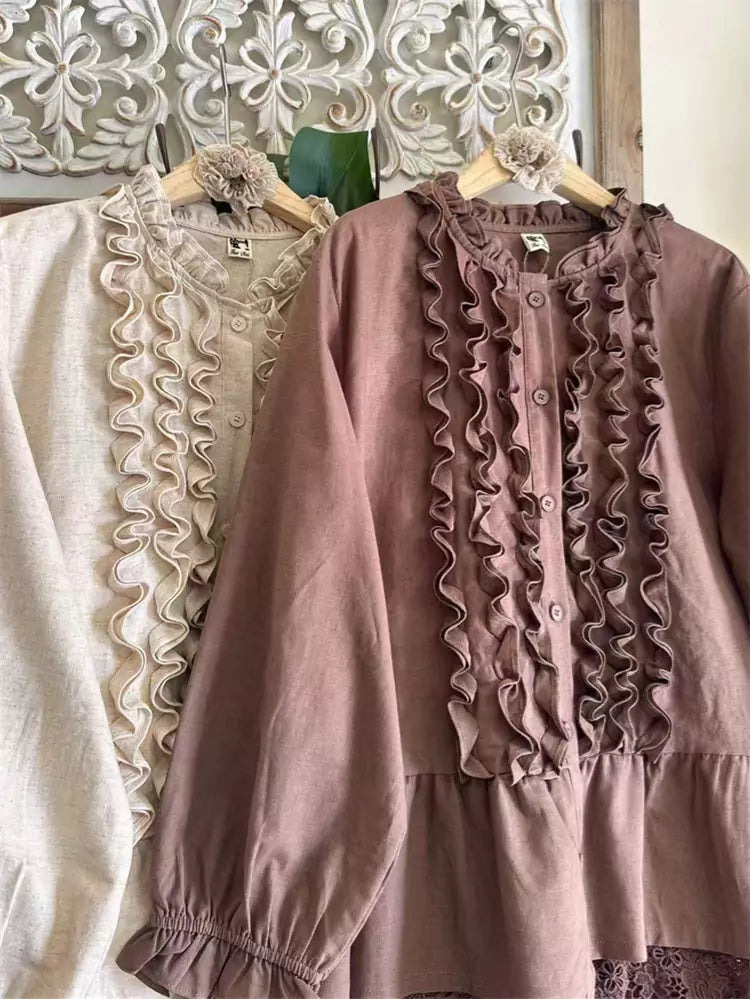 Blusa de lino y algodón con volantes estilo japonés para mujer, manga larga