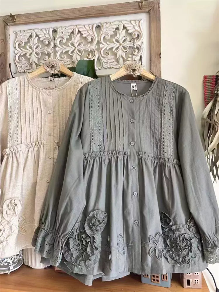 Women's Cotton Accordion Pleated Long Sleeve Heavy Embroidered Babydoll Blouse
