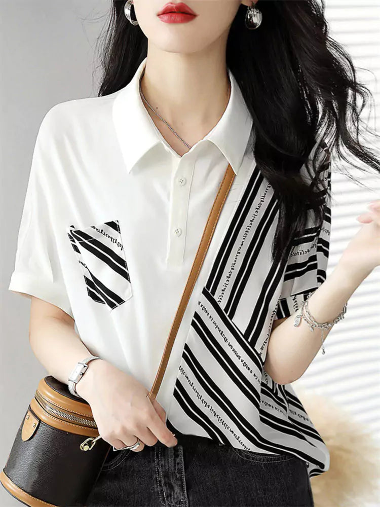 Trendiges, gestreiftes Kurzarm-Poloshirt mit Kragen für Damen