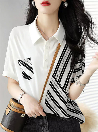 Trendiges, gestreiftes Kurzarm-Poloshirt mit Kragen für Damen