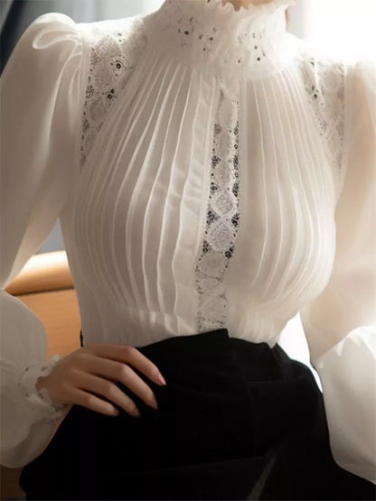 Elegante weiße Bluse mit Puffärmeln für Damen – Schickes Oberteil mit hohem Kragen und raffiniertem Stil