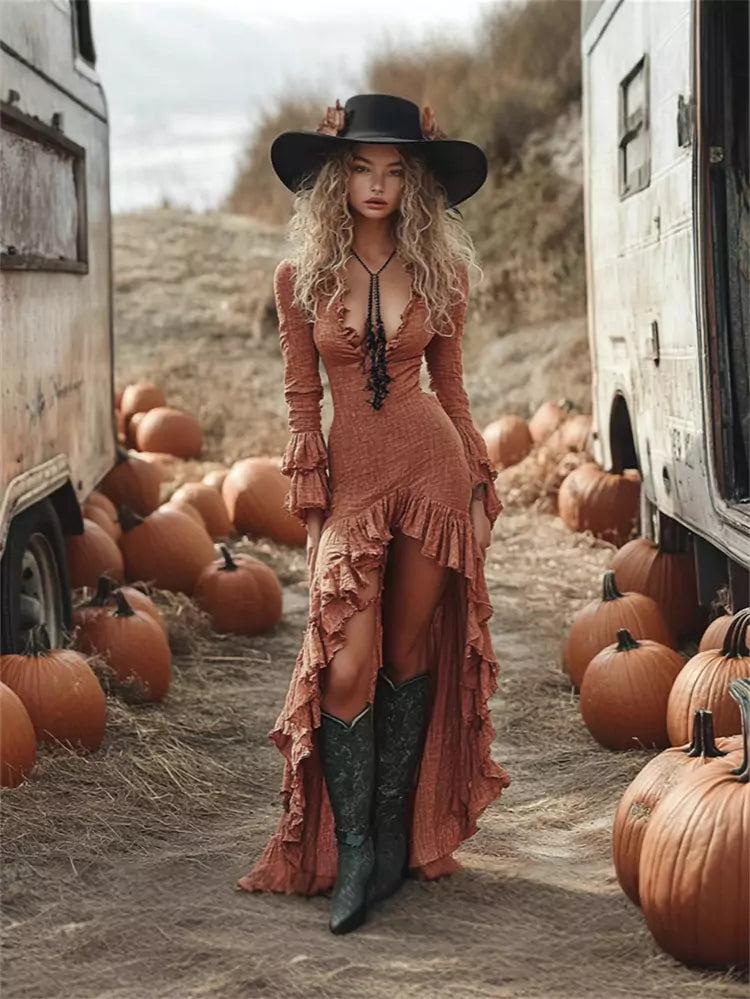 Vintage V-neck Long Sleeve Ruffle Hem Maxi Dress