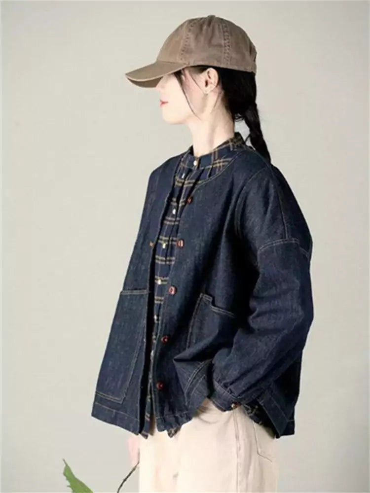 Vintage Artistic Washed Round Neck Cotton Denim Jacket for Women