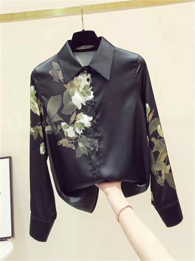 Vintage Black Floral Print Silk Blouse for Women Long Sleeve
