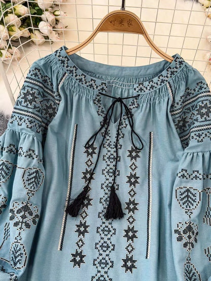 Ethno-Stil, bestickte, locker sitzende Bluse mit Laternenärmeln und Bindebändern für Damen