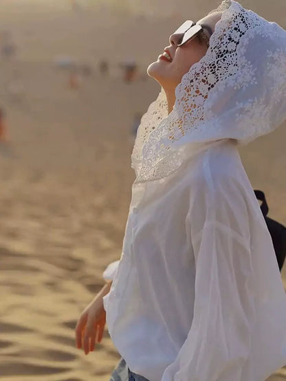 Camisa de sol con capucha de crochet hueco estilo francés para mujer
