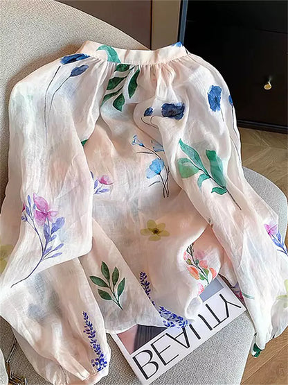 Sonnenschutz-Shirt mit Blumenmuster im Urlaubsstil zum Binden für Damen