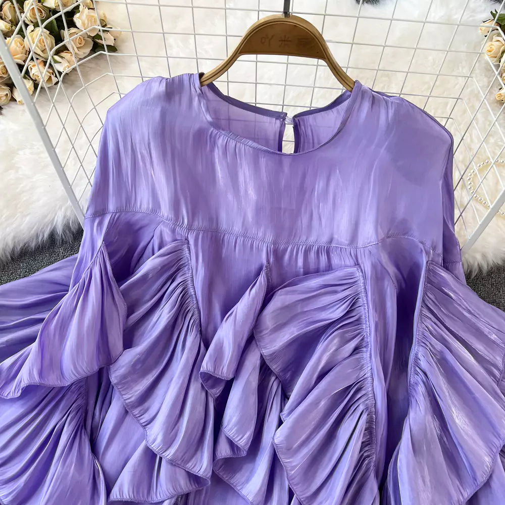 Stylish Elegant Ruffle Trim Round Neck Loose Long Sleeve Blouse for Women