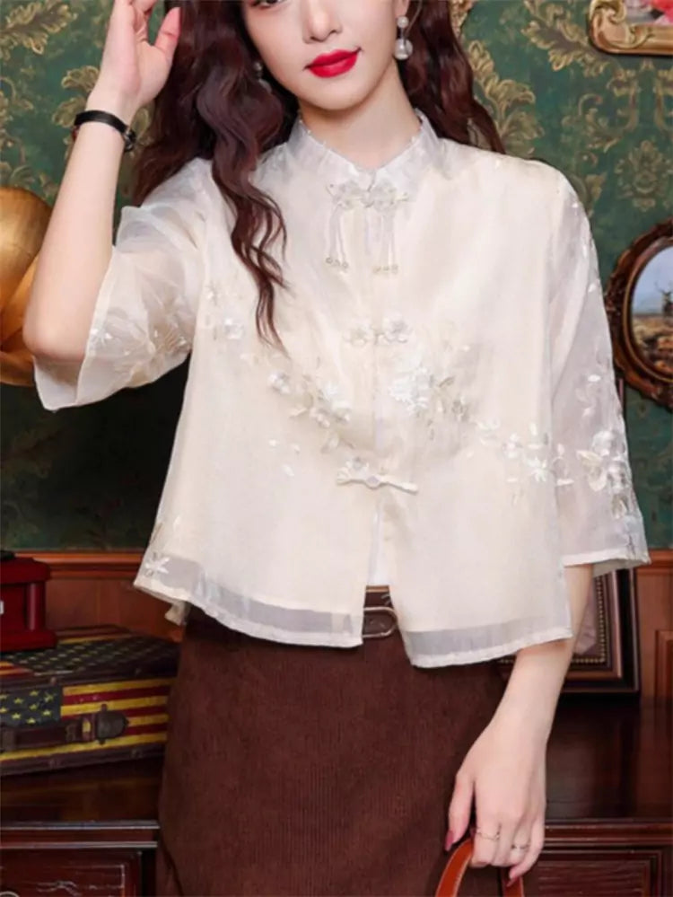 Elegant Heavy Embroidered Stand Collar Blouse for Women with Frog Buttons