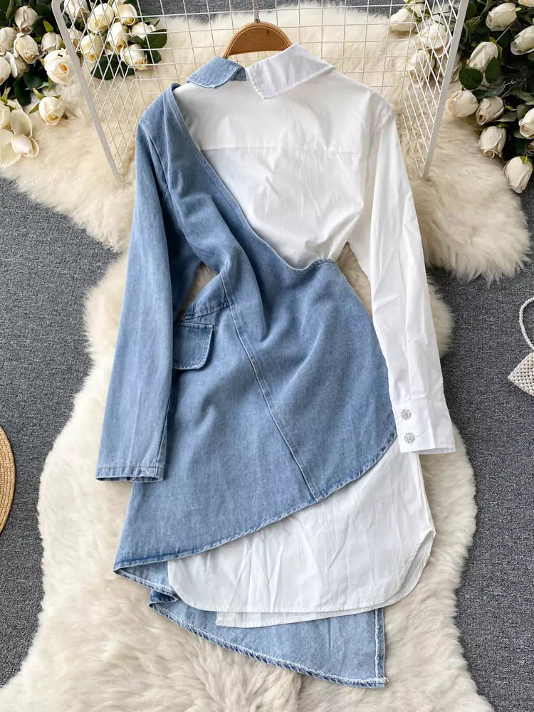 Vestido camisero de mezclilla con patchwork y manga larga asimétrico para mujer