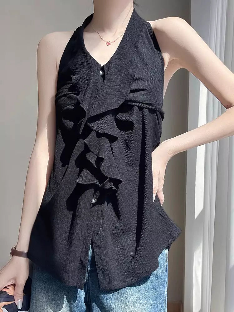 French Style Black Halter Neck Sleeveless Tank Top for Women