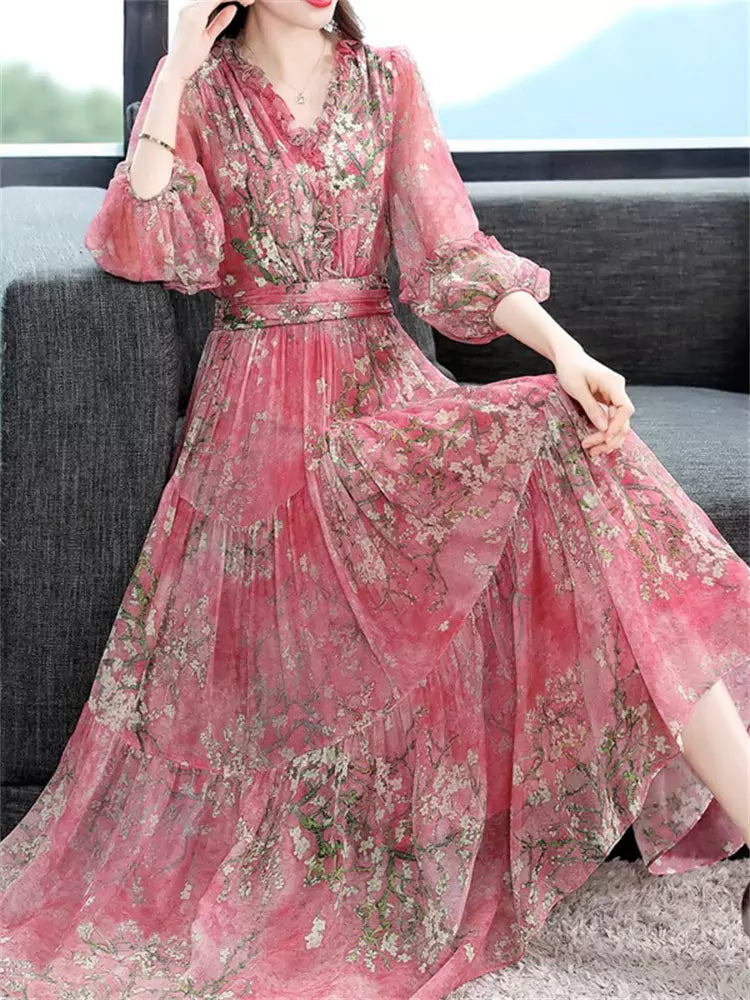 Elegante vestido midi de seda morera con estampado ceñido para mujer