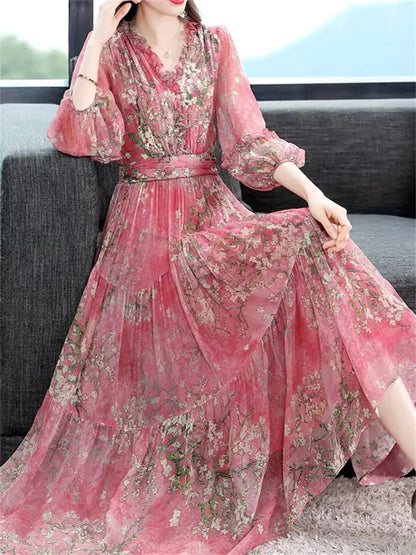 Elegantes bedrucktes Midikleid aus Maulbeerseide mit Taillenbetonung für Damen