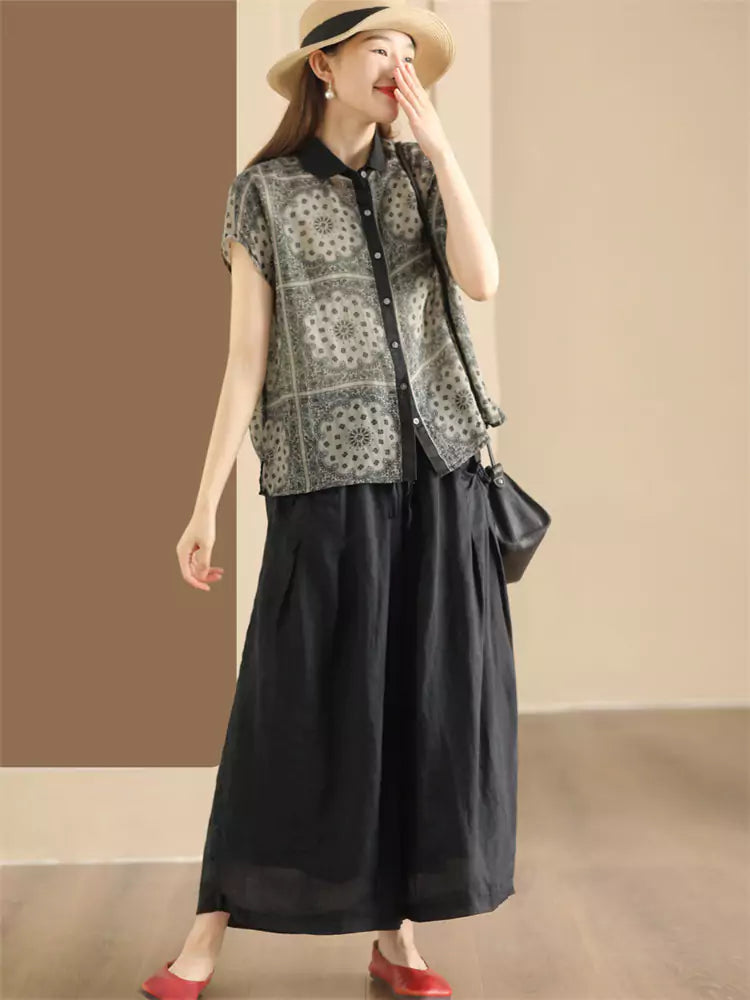 Vintage Dyed Floral Ramie Colorblock Short Sleeve Shirt for Women
