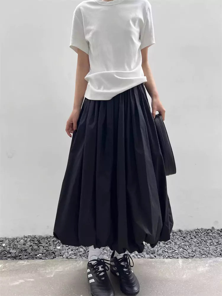 Japanese Style Black Pleated Puff A-Line Midi Skirt for Women