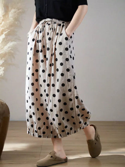 Pantalones casuales de lino y algodón con lunares y pierna ancha para mujer, talla grande