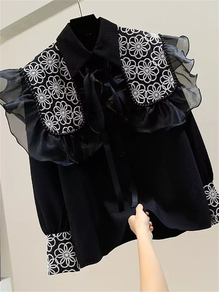 Sweet Embroidered Ruffle Trim Button-Up Shirt with Tie Cape Two-Piece Set for Women