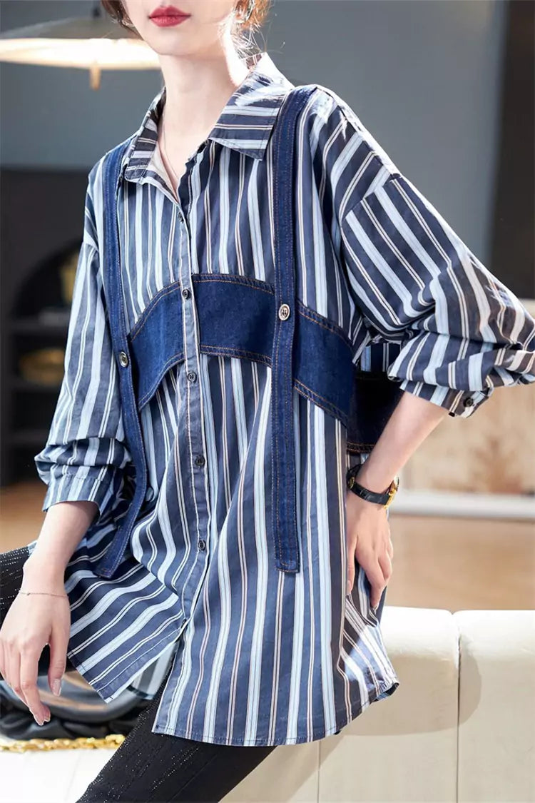 Korean Style Denim Stripe Colorblock Patchwork Long Sleeve Shirt for Women