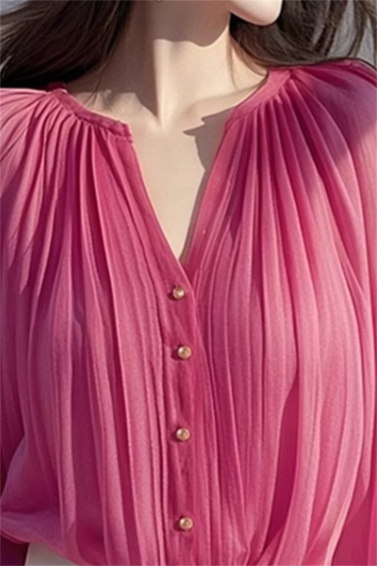French Style Fuchsia Pink V-neck Chiffon Shirt for Women