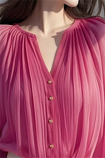 Französisches Chiffon-Hemd mit V-Ausschnitt in Fuchsia-Rosa für Damen