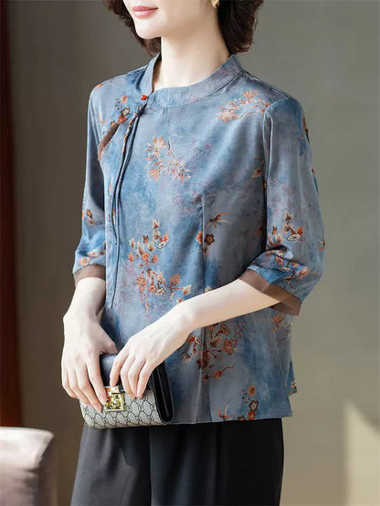 Vintage-Bluse mit Stehkragen und Print, halben Ärmeln für Damen