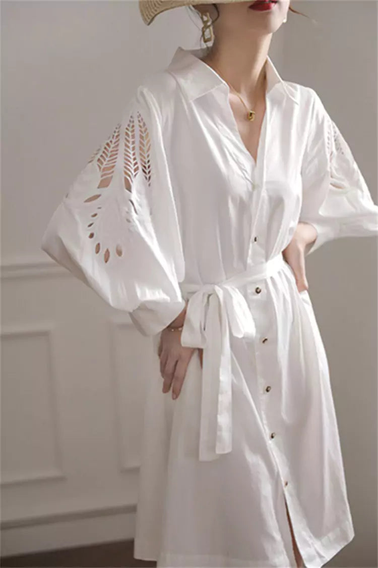 Exquisite Handcrafted White Hollow-Out Shirt Dress for Women