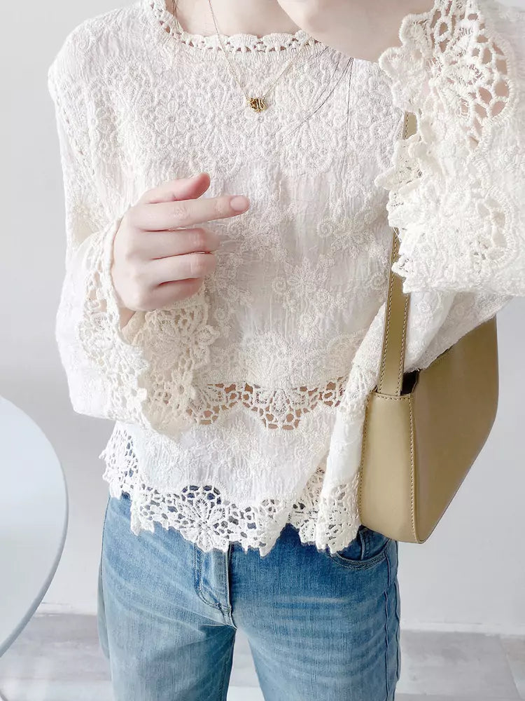 Jacquard-besticktes, weißes Baumwollspitzen-Pullover-Top mit Lochstickerei für Damen