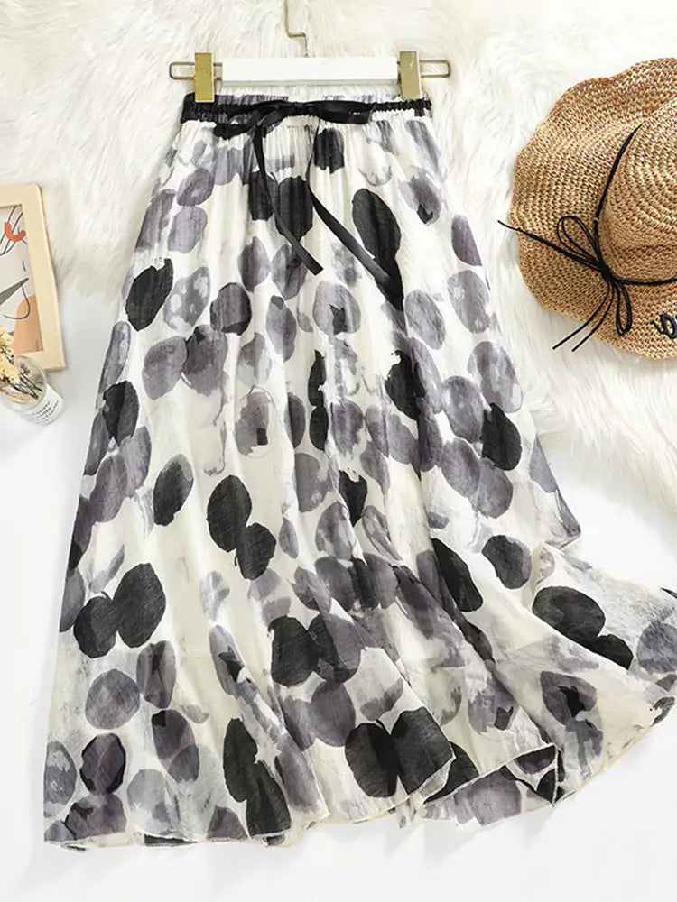 Double-Layer Ramie A-Line Flared Skirt with Polka Dot