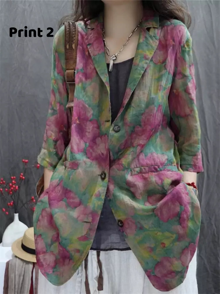 Vintage Printed Cotton Linen Blazer Jacket for Women
