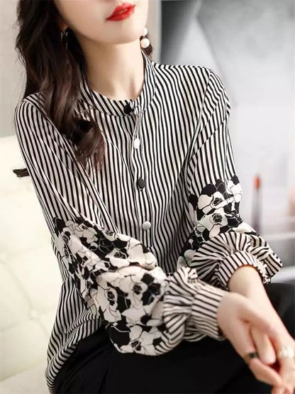 Gestreifte Chiffonbluse mit Laternenärmeln und Printmuster für Damen