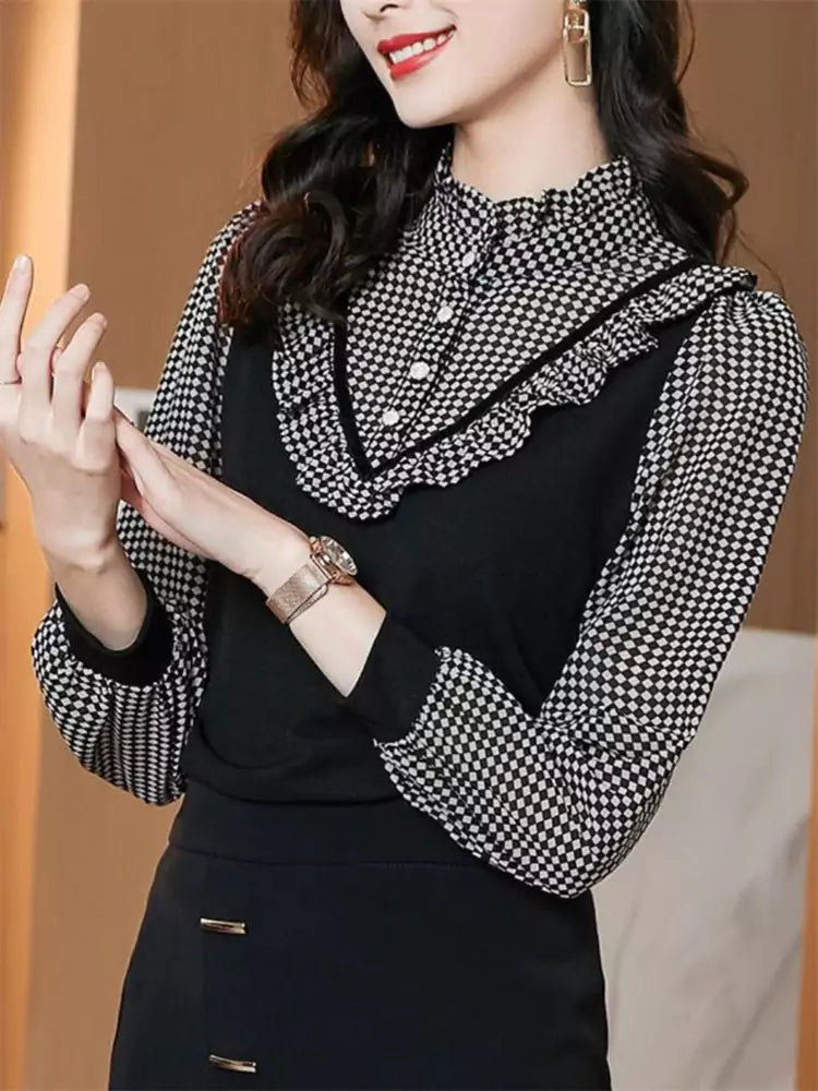 Vintage Plaid Ruffled Layered-Look Stand Collar Long Sleeve Blouse