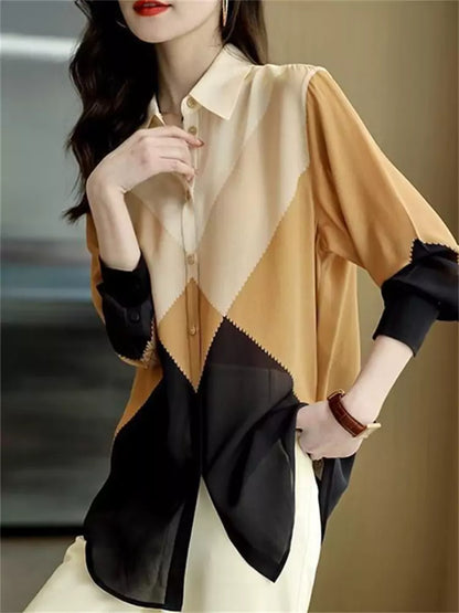 Stilvolles Langarmshirt mit Farbblock-Patchwork-Design für Damen