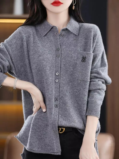 Suéter de punto con cuello polo de lana bordado estilo vintage para mujer