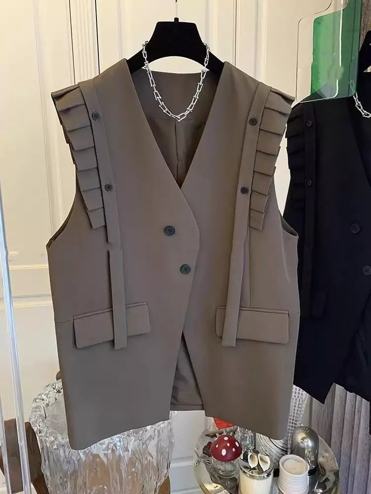 Spring Ruffle-Trimmed Sleeveless Blazer Vest for Women