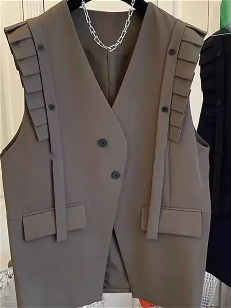Spring Ruffle-Trimmed Sleeveless Blazer Vest for Women