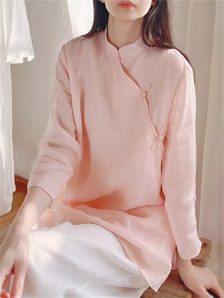 New Chinese Style Diagonal Placket Linen Blouse for Women