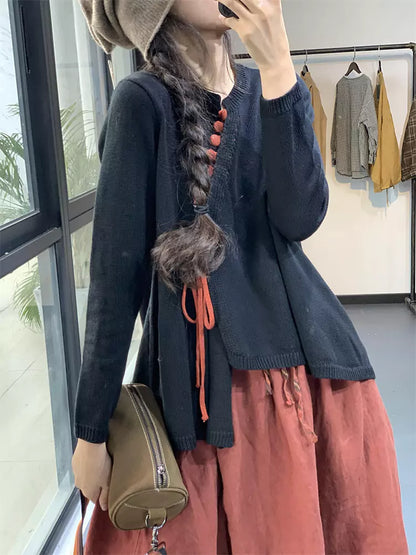 Blusa de punto asimétrica estilo chino vintage para mujer