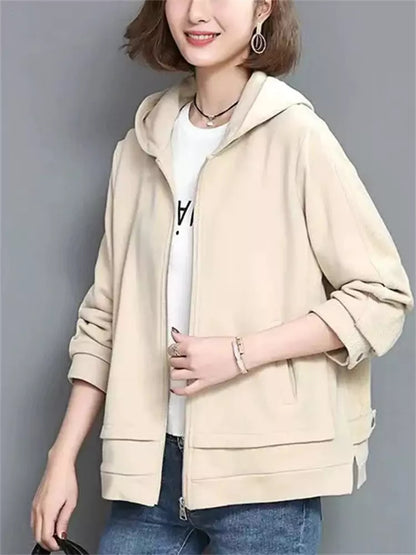 Lässige Cordjacke mit Kapuze und Patchwork-Design für Damen