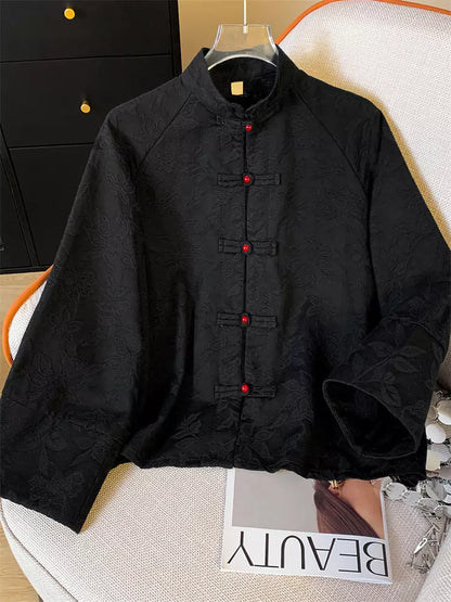 Vintage-Bluse im chinesischen Stil mit Jacquard-Muster, Stehkragen und Knopfleiste für Damen