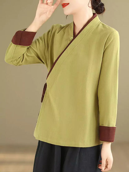 Vintage-Bluse im chinesischen Stil mit asymmetrischem Bindegürtel aus Baumwoll-Leinen für Damen
