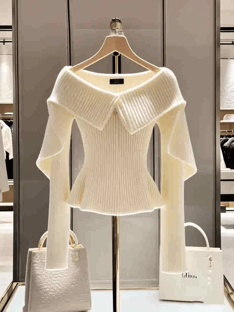 Elegant White Ruffle Off-Shoulder Long Sleeve Knit Sweater for Women