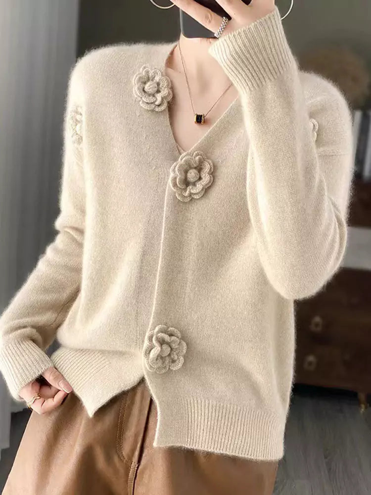 Romantischer V-Ausschnitt, 3D-Häkelstickerei, Strickcardigan für Damen