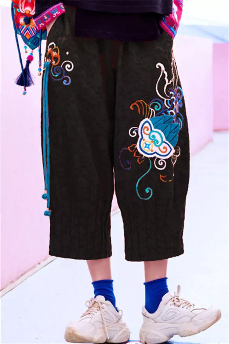 Pantalones bombachos holgados con bordados estilo bohemio para mujer