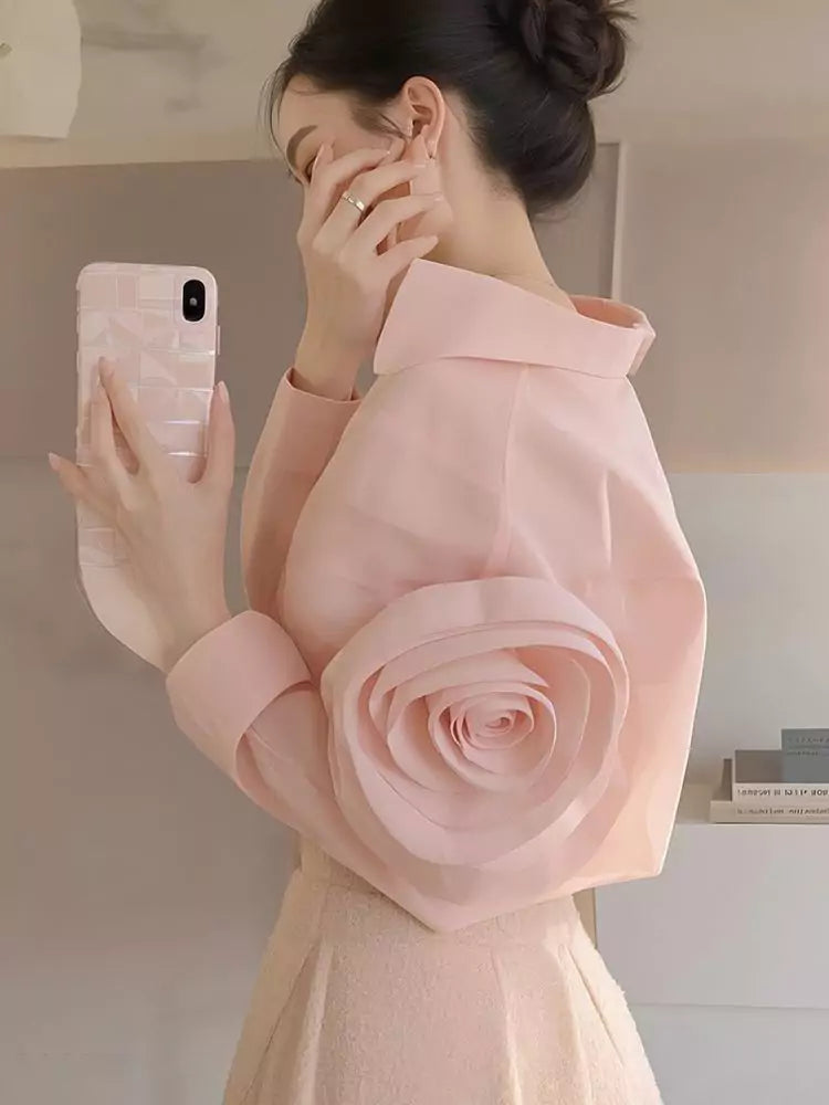French Style Pink 3D Floral Embellished Elegant Summer Blouse for Women