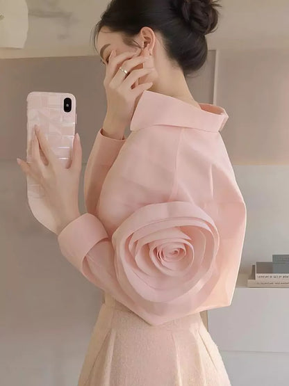Elegante Sommerbluse im französischen Stil, rosa, mit 3D-Blumenapplikationen, für Damen