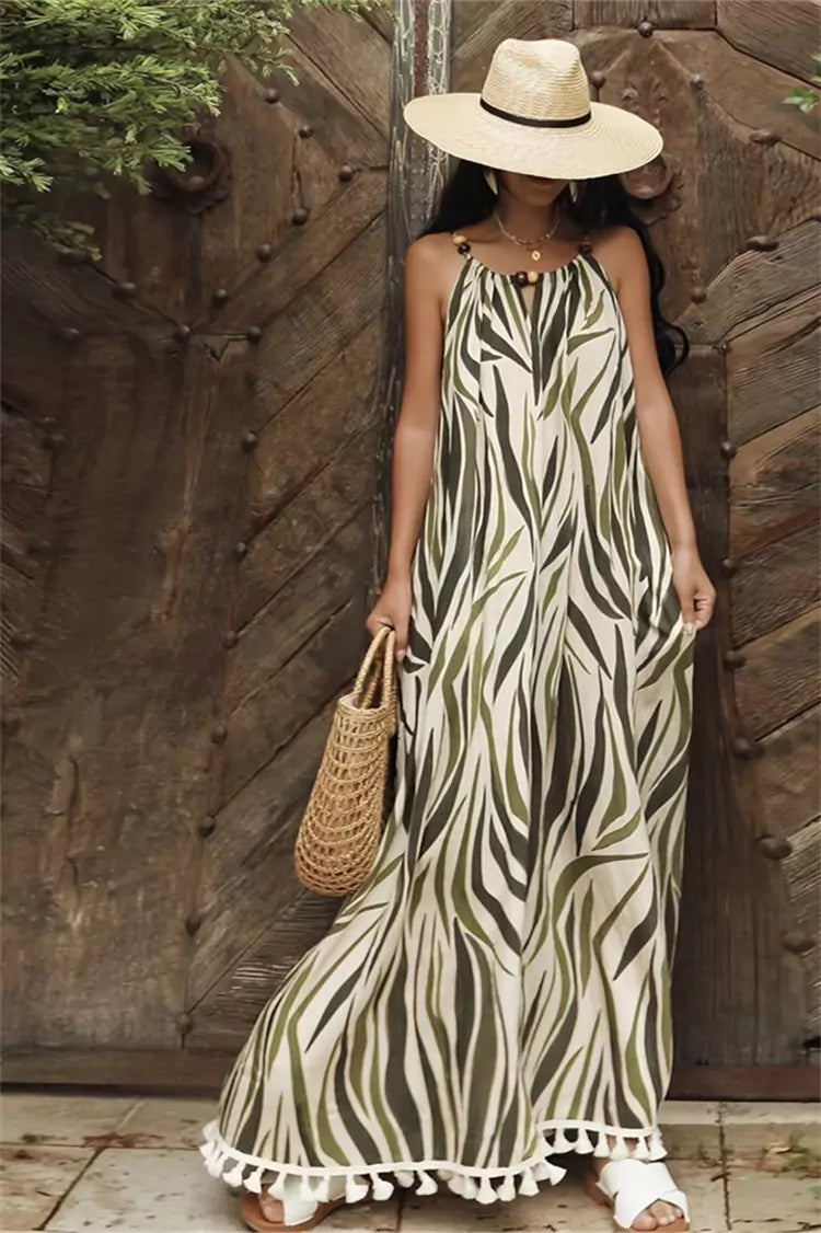 Maxikleid im französischen Stil mit Streifenmuster, Quasten und Spaghettiträgern für Damen