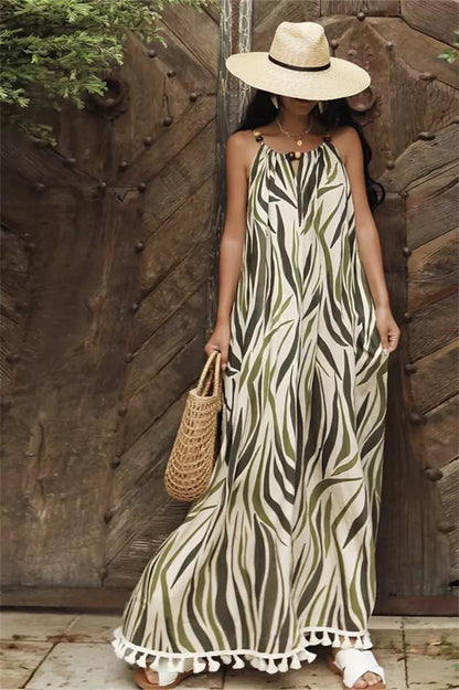 Maxikleid im französischen Stil mit Streifenmuster, Quasten und Spaghettiträgern für Damen