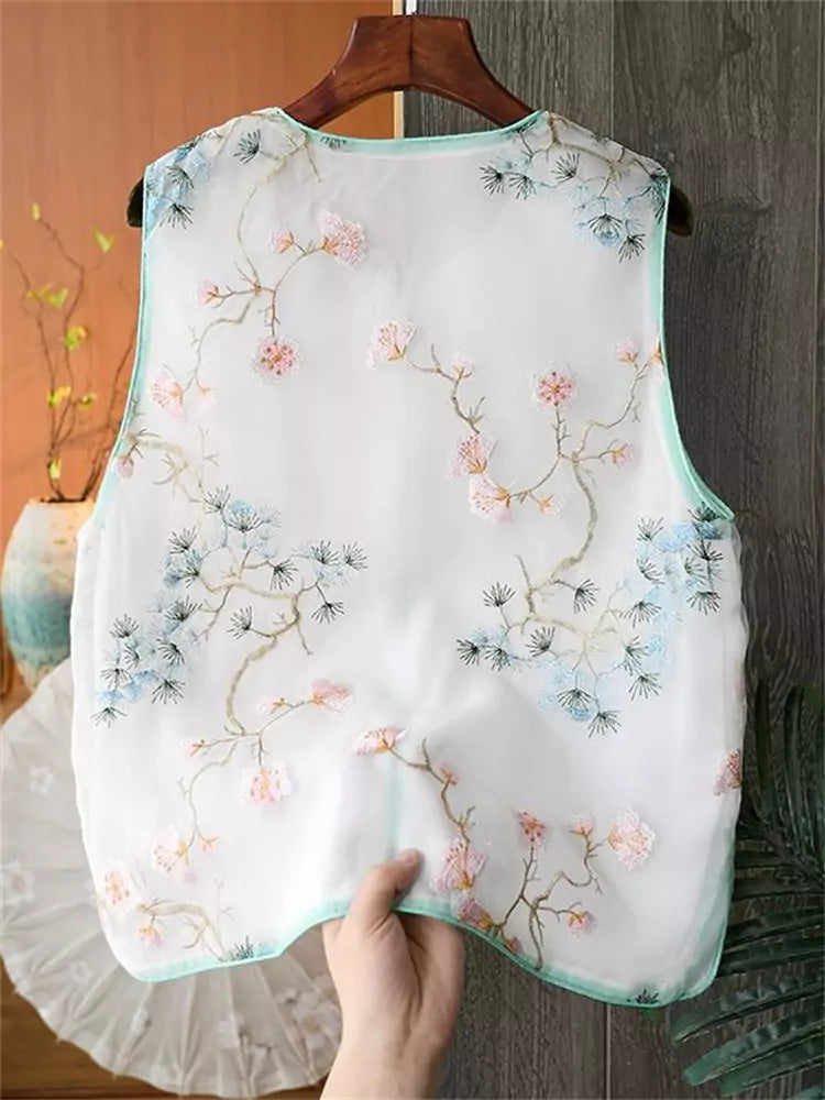 Vintage White Embroidered Sleeveless Vest Top with Side Slits for Women