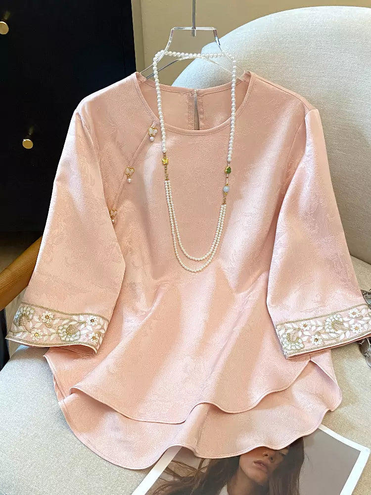 Luxuriöse, asymmetrische Wickelbluse aus Acetat-Jacquard-Satin für Damen