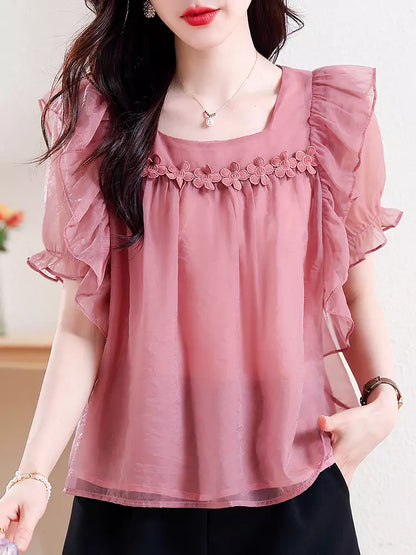 Elegante rosa Chiffon-Spitzenbluse mit kurzen Ärmeln für Damen